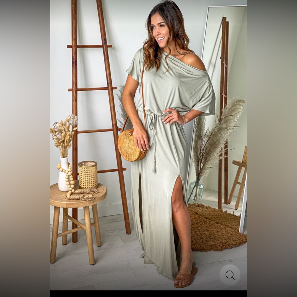 Sage Vacation Dress- Sexy Off one shoulder Maxi Dress